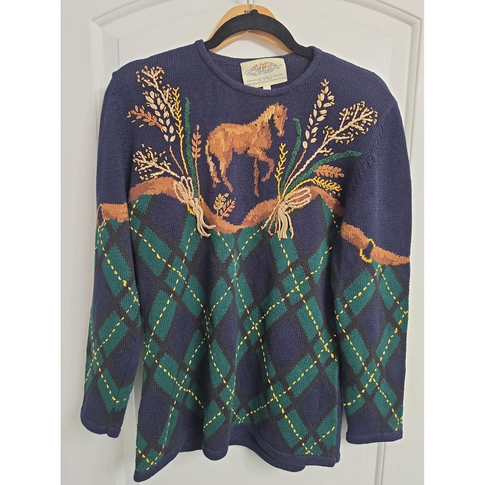 VTG Susan Bristol Equestrian Horse Cardigan Navy Heritage Novelty Sweater Medium